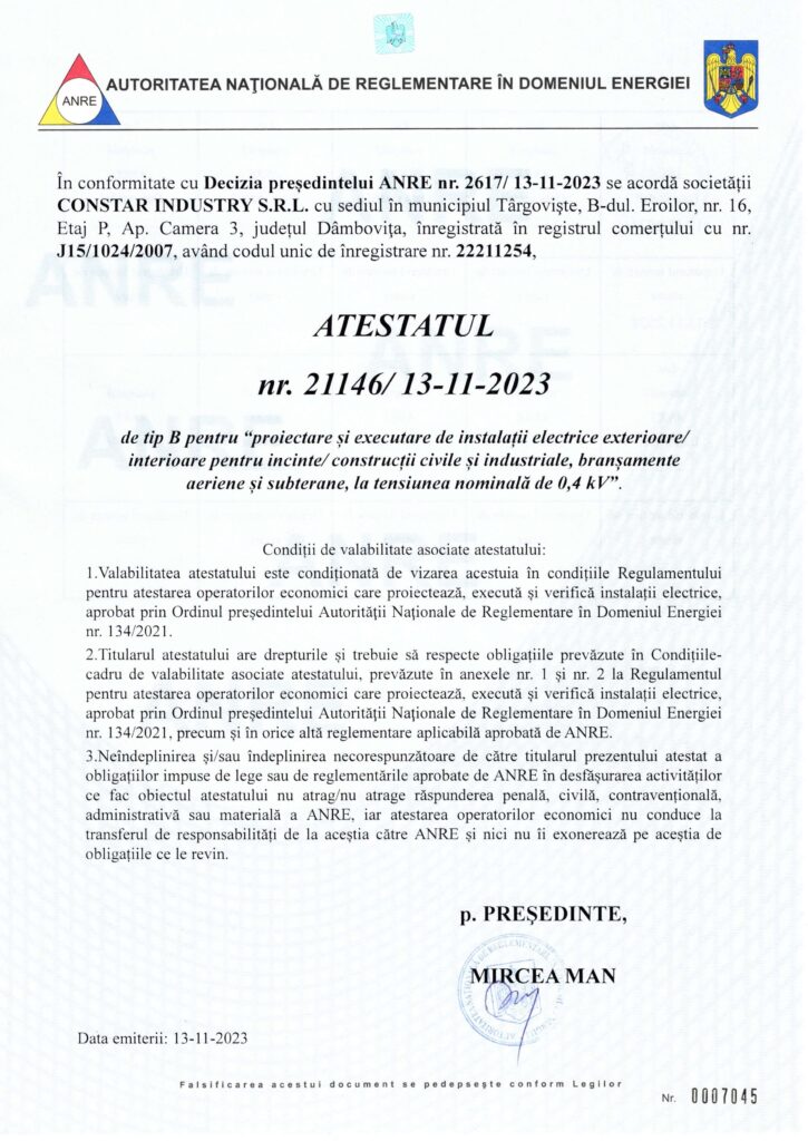 Atestat ANRE Constar